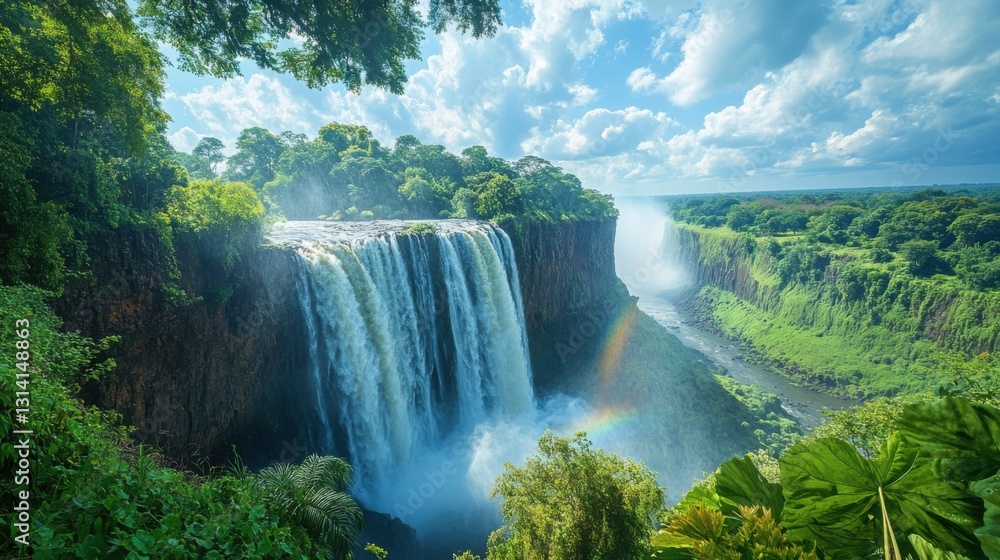 Fototapeta premium Waterfalls flow down cliff. Green plants grow around. Water river flows through trees. Blue sky has white clouds. Rainbow shines through the water.