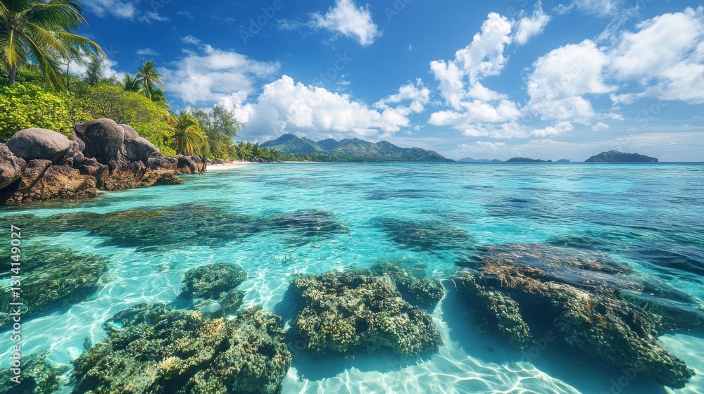 Tropical island view. Water meets land. Ocean landscape. Paradise beach. Blue water. Sunny day. Sea nature. Beautiful sky. Light and bright. Vacation travel. Tropical island view. Water meets land. Ocean landscape. Paradise beach. Blue water. Sunny day. Sea nature. Beautiful sky. Light and bright. Vacation travel.