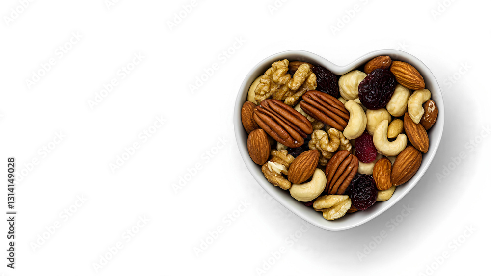 A heart-shaped bowl filled with organic nuts and dried fruits A heart-shaped bowl filled with organic nuts and dried fruits