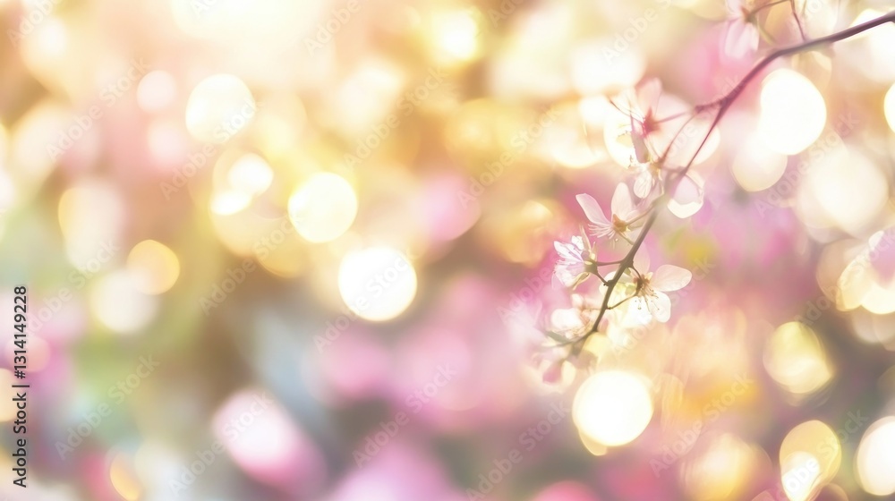 Fotografie Delicate blooming tree branches with vibrant blurred bokeh lights