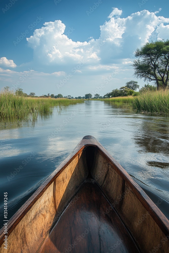 Canoe floats on water river. Plants grow on banks. Blue sky and white clouds form scenic natural environment. Boat journey ahead. Canoe floats on water river. Plants grow on banks. Blue sky and white clouds form scenic natural environment. Boat journey ahead.