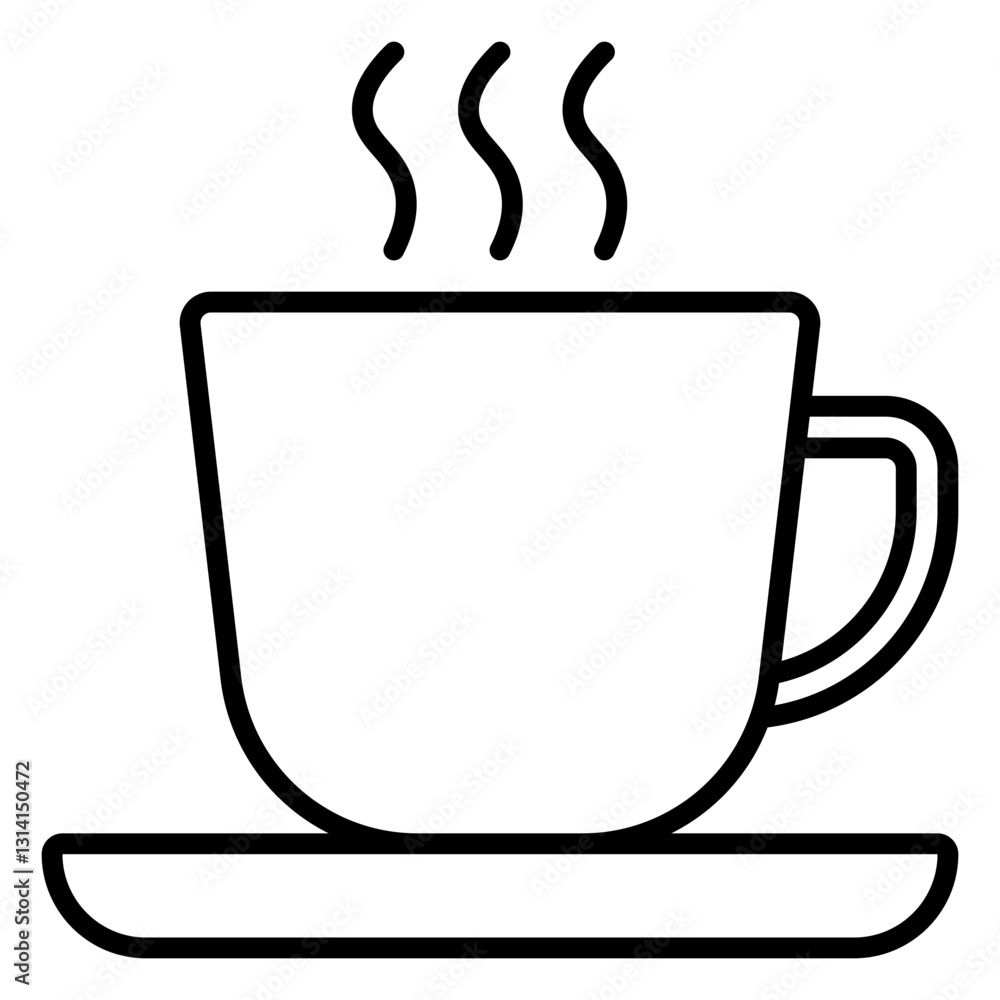 Minimalist outline icon of a steaming cup of coffee on a saucer. Perfect for café menus, diner designs, restaurant branding, mobile apps, and food-related graphics.