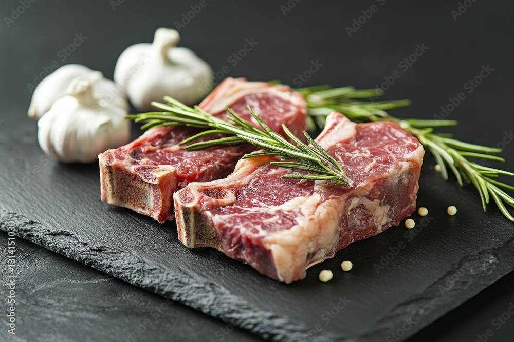 Fresh raw lamb chops with rosemary and garlic Fresh raw lamb chops with rosemary and garlic