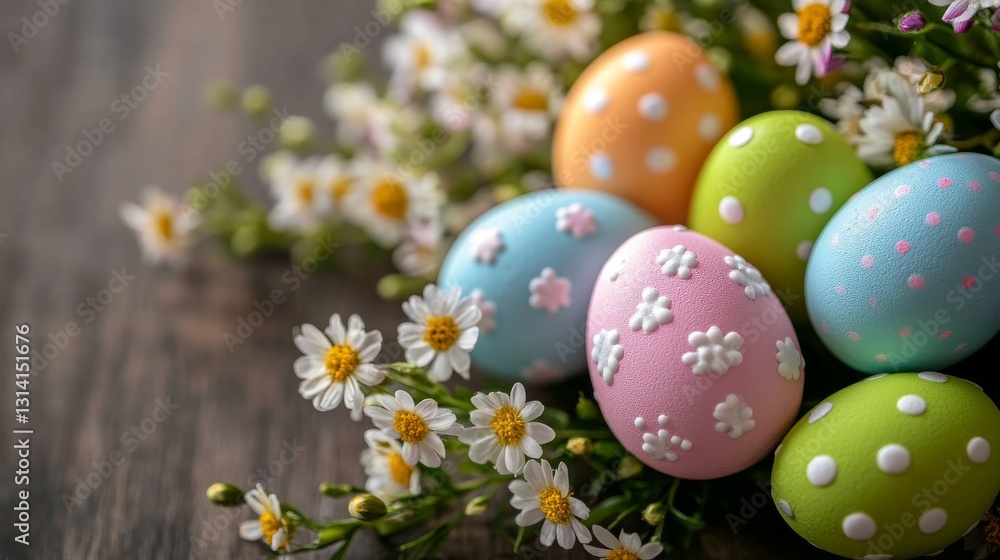 Colorful easter eggs arranged in festive composition with spring flowers and natural decorations on pastel background.
Colorful easter eggs arranged in festive composition with spring flowers and natural decorations on pastel background.