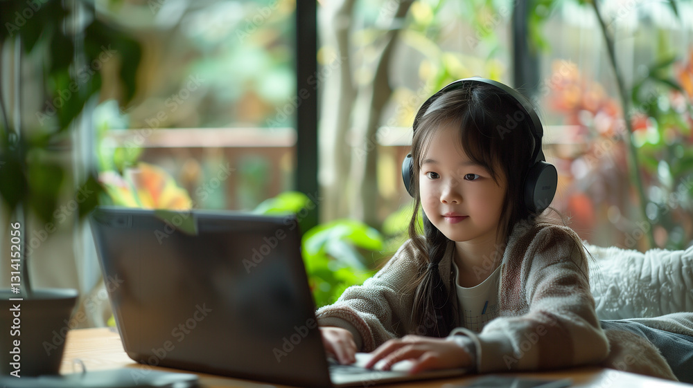 Smiling Child Looking at Laptop Screen in a Cozy Room