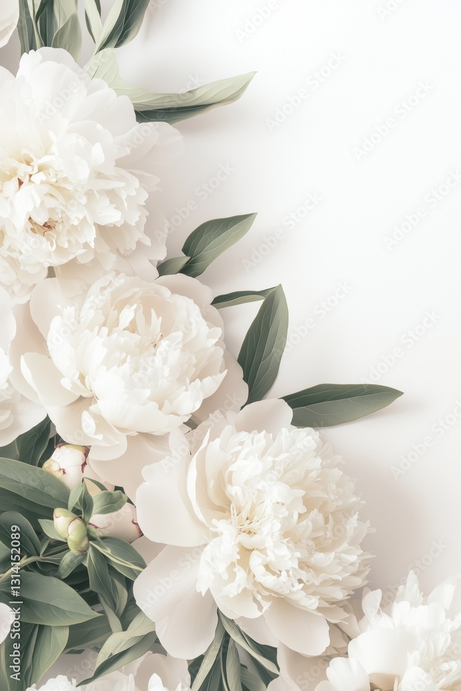 Obraz premium Elegant peony floral arrangement with soft pink petals and lush green leaves on a white background,