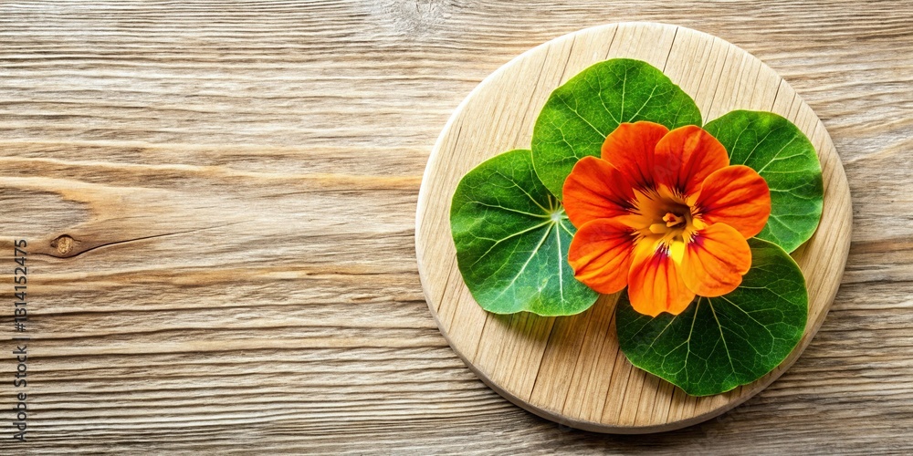 Close-up Macro Nasturtium Rounds Flat Lay on Wooden Background - Feminine Soft Texture Close-up Macro Nasturtium Rounds Flat Lay on Wooden Background - Feminine Soft Texture