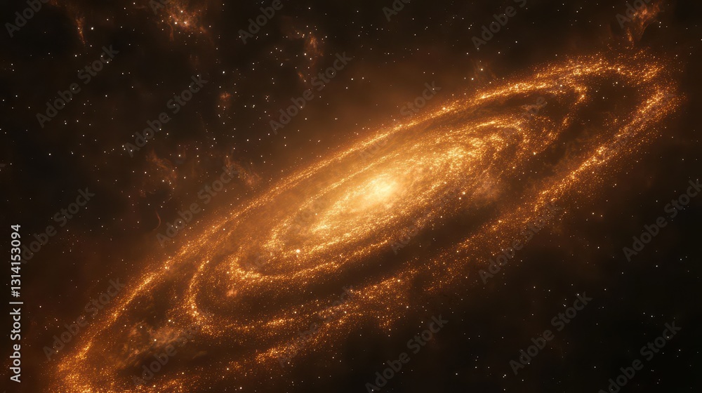 Fototapeta premium A stunning image of a spiral galaxy, showcasing vibrant orange hues at its core, surrounded by swirling arms of stars and cosmic dust, set against a deep black backdrop of space.