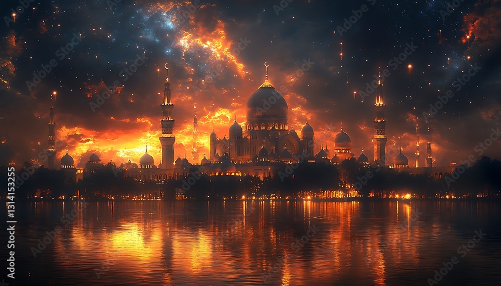 Obraz premium Majestic Mosque Silhouette Against a Fiery Sunset Reflecting on Water