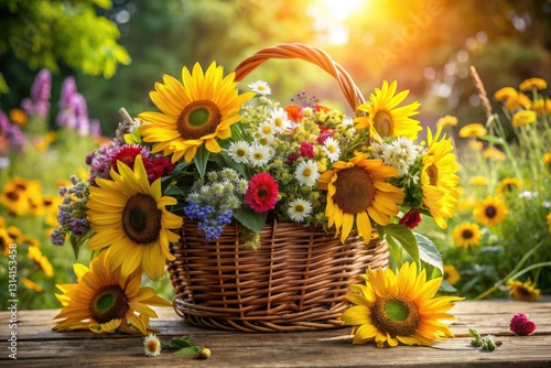 Sun-drenched sunflowers, roses, and wildflowers bloom in a rustic wicker basket.