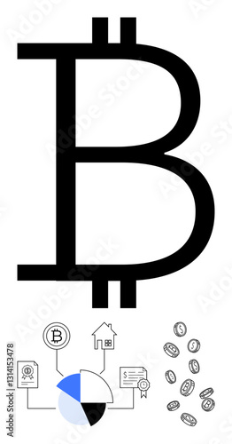 Bitcoin symbol with related visuals thumbs up pie chart, transaction flow, digital coins, and house concept. Ideal for cryptocurrency, finance, investment, blockchain, fintech decentralization