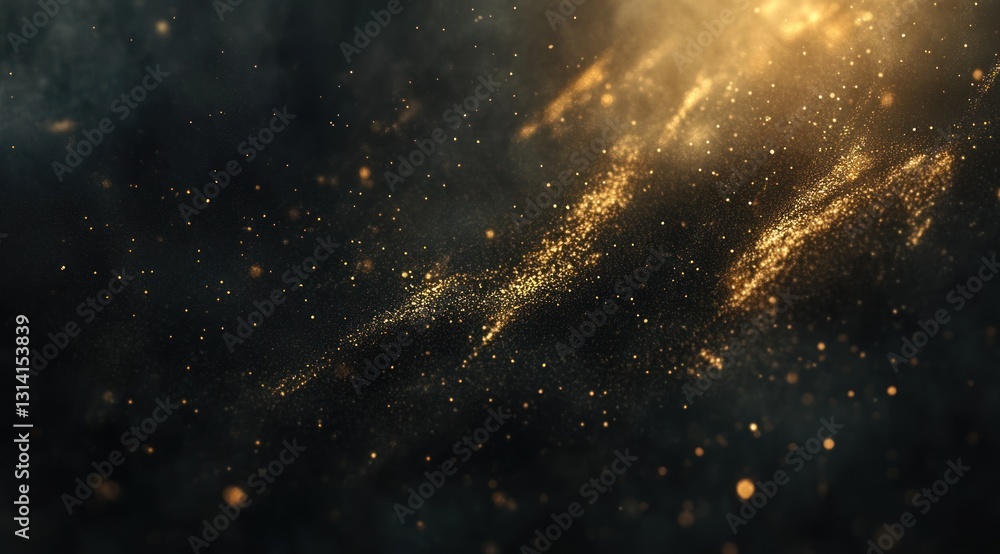 Fototapeta premium Abstract golden dust particles floating in dark space.