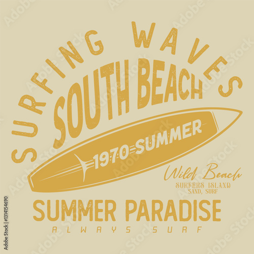 Typography slogan, Summer beach vibes. Surfing club. Miami surf days, t shirt graphics design, Long beach print design artwork. Beach Paradise Print tee design, Surf club design. Big wave artwork