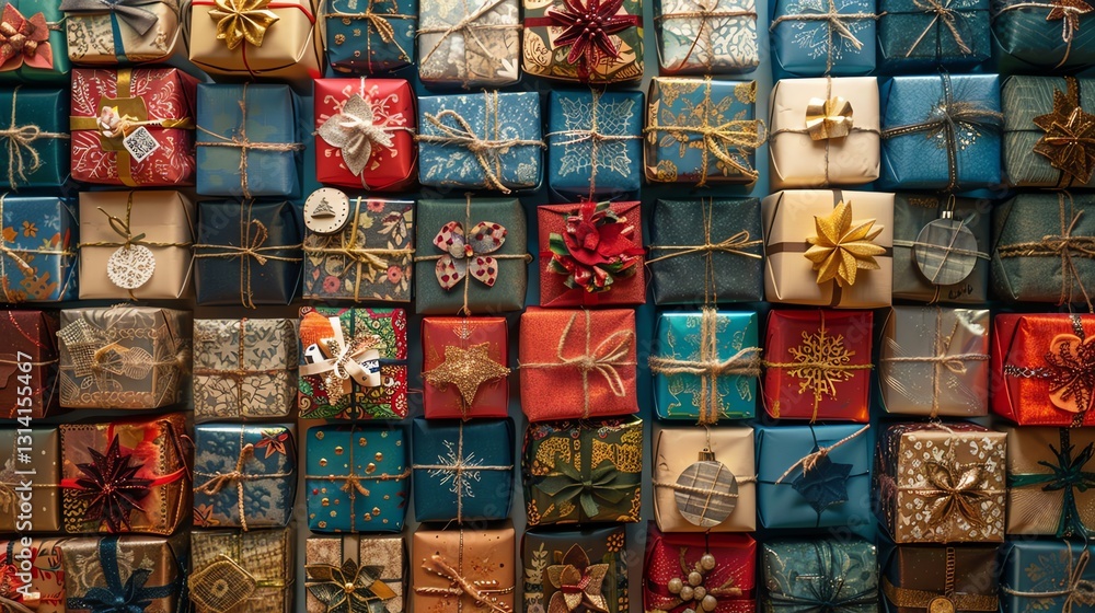 A colorful and festive arrangement of wrapped gifts, all tied with twine and adorned with various decorative elements. A colorful and festive arrangement of wrapped gifts, all tied with twine and adorned with various decorative elements.