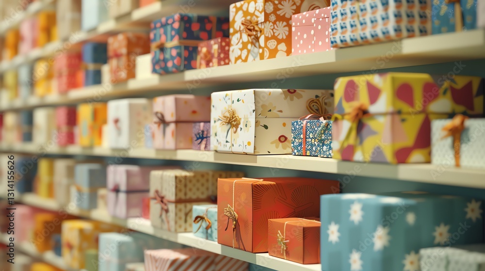 A wall of colorful, wrapped gifts on shelves. A wall of colorful, wrapped gifts on shelves.