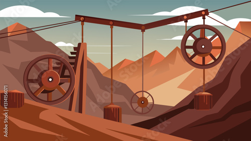 The rusted pulleys of a longabandoned mine shaft creak and sway in the breeze a reminder of the once bustling activity.. Vector illustration