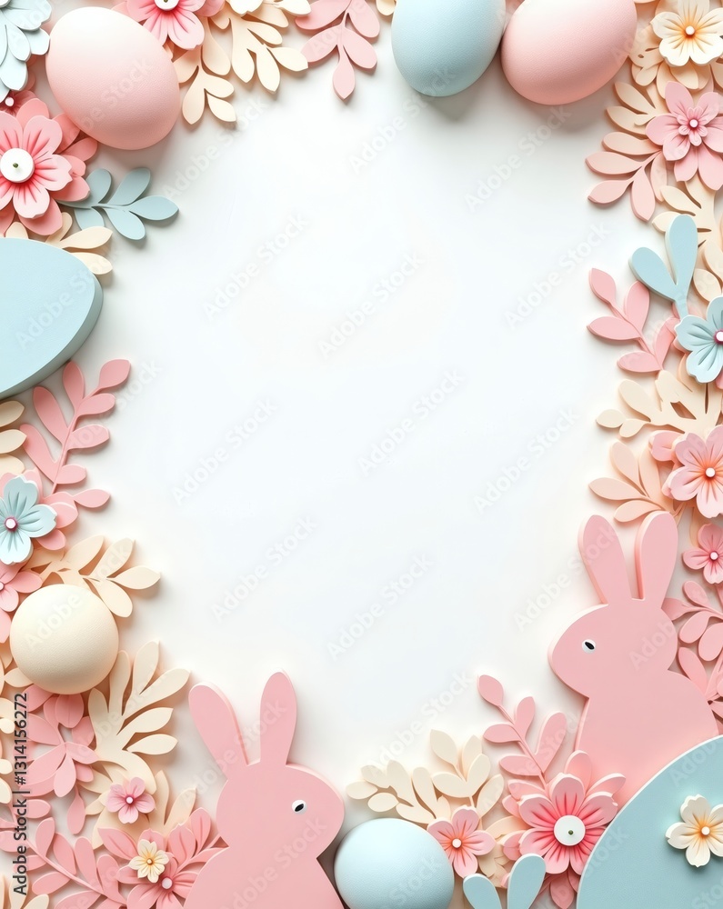 Easter bunny and pastel eggs forming a circular frame on white background Easter bunny and pastel eggs forming a circular frame on white background