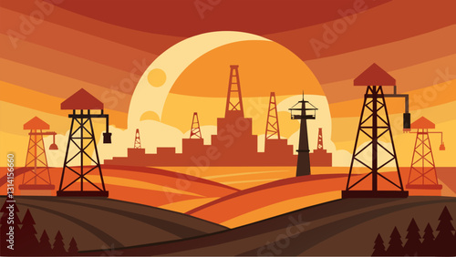An iconic image of progress and prosperity as the oil derricks stand tall against the backdrop of a setting sun.. Vector illustration
