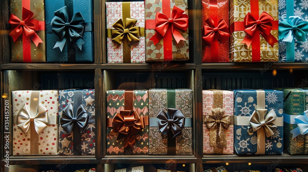 Fototapeta premium A wall covered in wrapped presents with bows in a variety of colors and patterns.