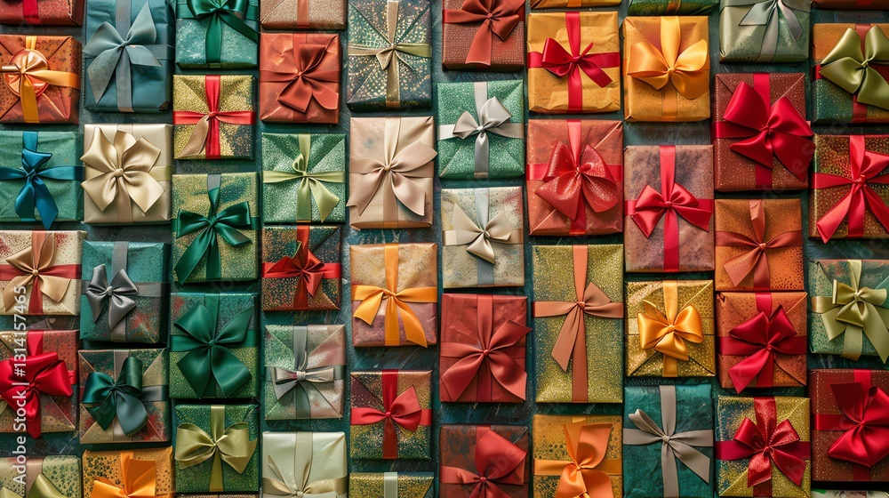 A flat lay of various wrapped presents with colorful ribbons. A flat lay of various wrapped presents with colorful ribbons.