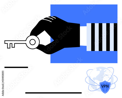 Black hand holds a key next to a VPN shield with a globe, symbolizing security, access, encryption, and protection. Ideal for cybersecurity, privacy, online data, networks safe browsing passwords