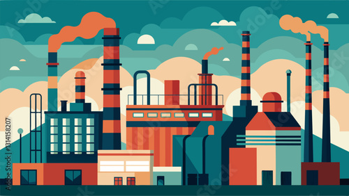An industrialstyle complex complete with tall smokestacks and metal pipes hinting at the constant activity and energy production happening within.. Vector illustration