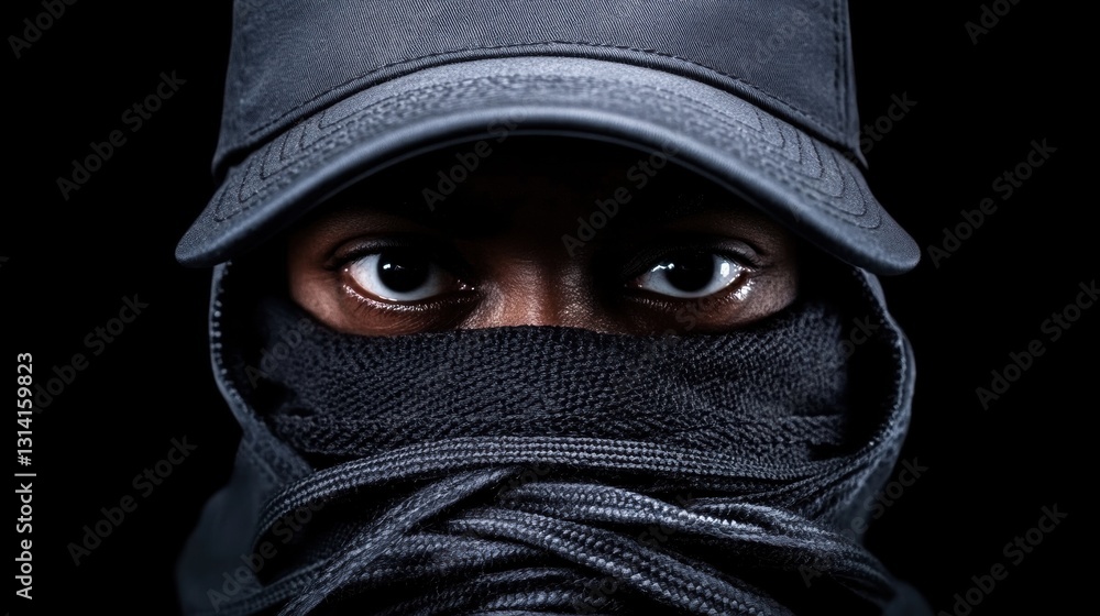 Mysterious figure with intense gaze in dark attire. Mysterious figure with intense gaze in dark attire.