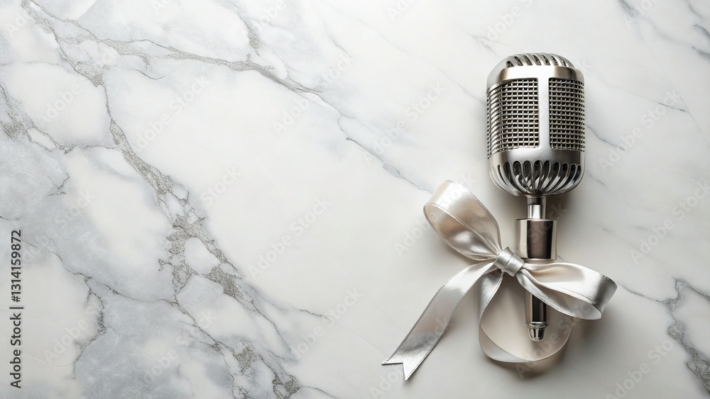 Fototapeta premium Eco-Friendly Ribbon Microphone Flat Lay on Marble Background - Sustainable Recording Studio
