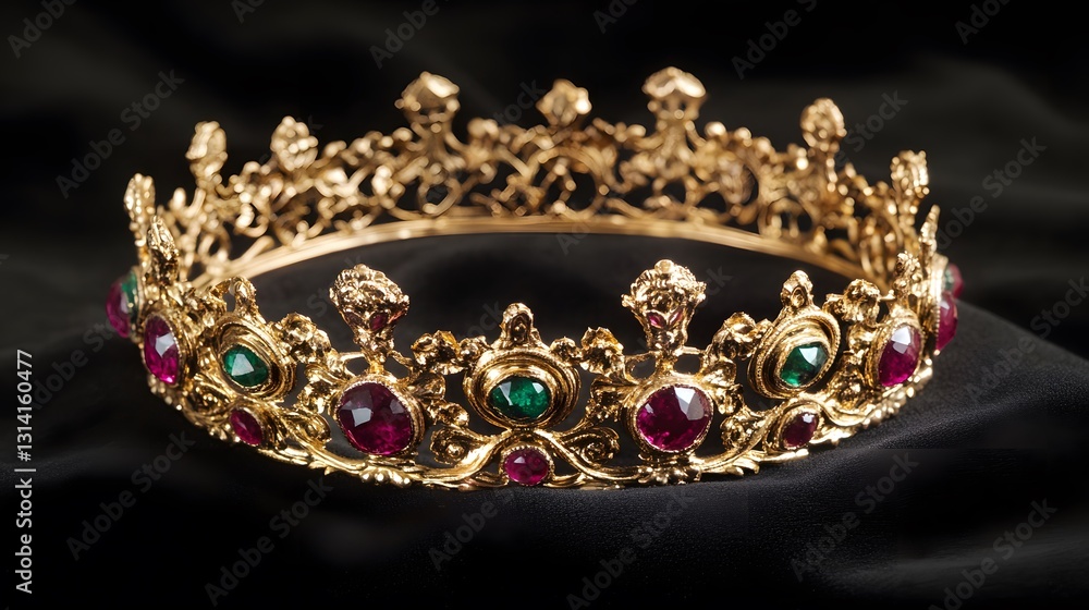 A realistic golden crown encrusted with rubies and emeralds, detailed and regal, isolated on a black velvet background A realistic golden crown encrusted with rubies and emeralds, detailed and regal, isolated on a black velvet background