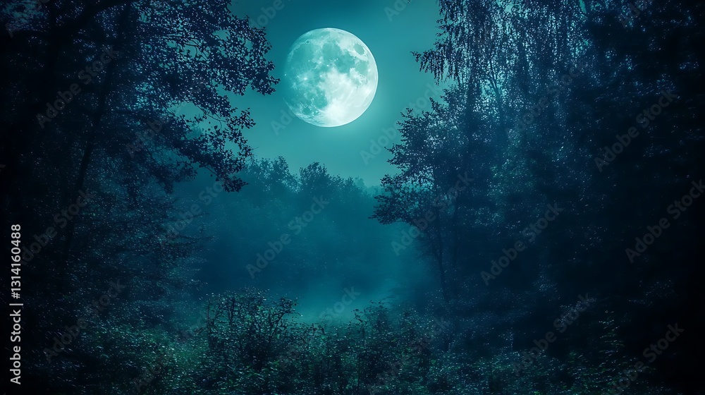 Full moon over misty forest at night. Full moon over misty forest at night.