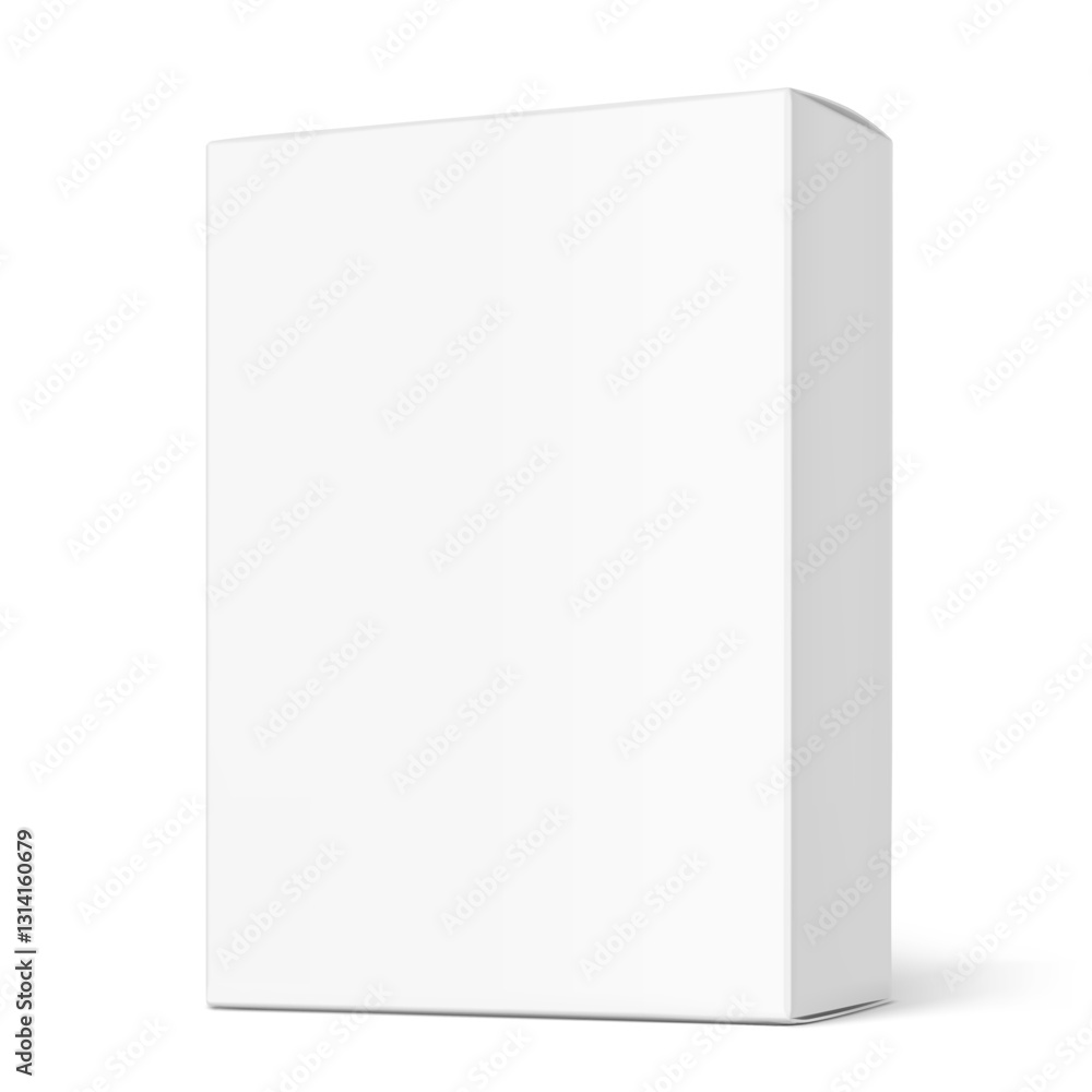 Realistic white closed paperboard box mockup. Half side view. Vector illustration isolated on white background. Taking your 2D designs into 3D. Can be use for pharmacy, cosmetic, food. EPS10. Realistic white closed paperboard box mockup. Half side view. Vector illustration isolated on white background. Taking your 2D designs into 3D. Can be use for pharmacy, cosmetic, food. EPS10.