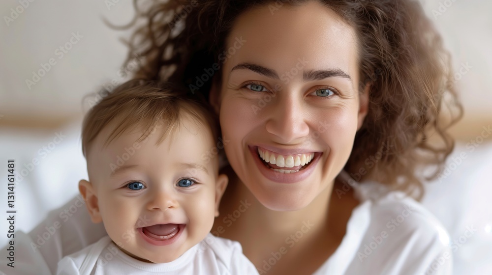 Mother and baby smiling together at home portrait image. Motherhood joy. Laughing mom and toddler in cozy indoor photography human scene. Single parent concept photo-realistic Mother and baby smiling together at home portrait image. Motherhood joy. Laughing mom and toddler in cozy indoor photography human scene. Single parent concept photo-realistic
