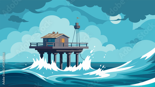 The onceglistening platform is now battered and covered in sea spray as strong winds whip through the rigging.. Vector illustration