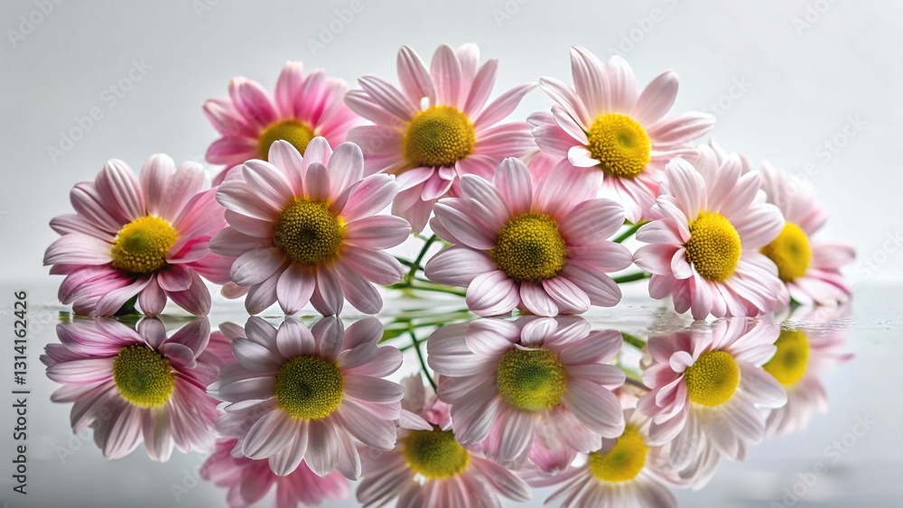 Elegant Argyranthemum Daisies Flat Lay with Glass Reflection - Copy Space Elegant Argyranthemum Daisies Flat Lay with Glass Reflection - Copy Space
