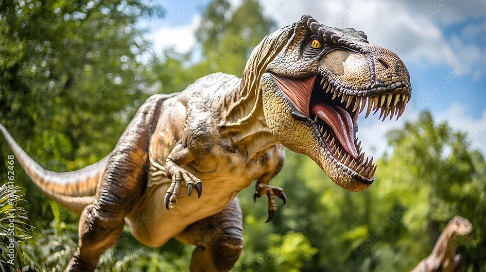 Obraz premium A roaring T-Rex with razor-sharp teeth and scaly skin, standing tall, isolated on a prehistoric jungle background