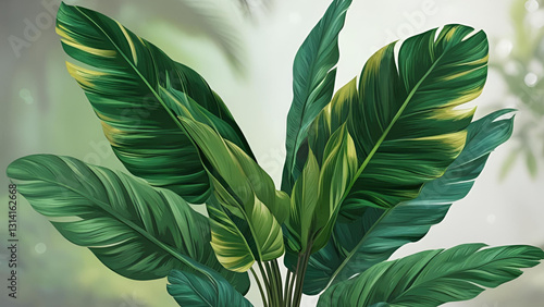 The foliage of Spathiphyllum cannifolium presents an abstract green texture, serving as a natural backdrop characterized by tropical leaves