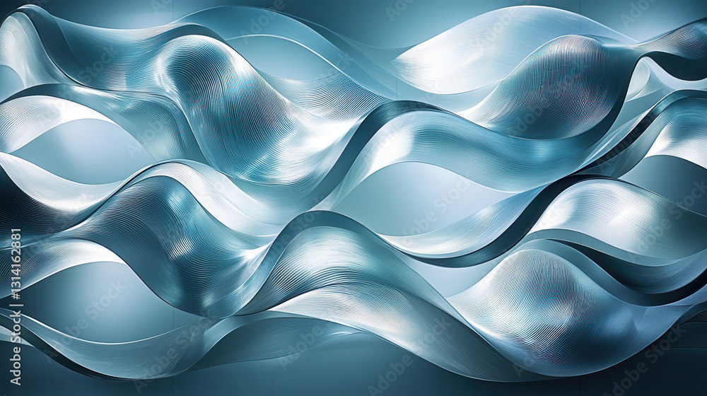 Fototapeta premium Abstract metallic waves on blue background create smooth and radiant texture