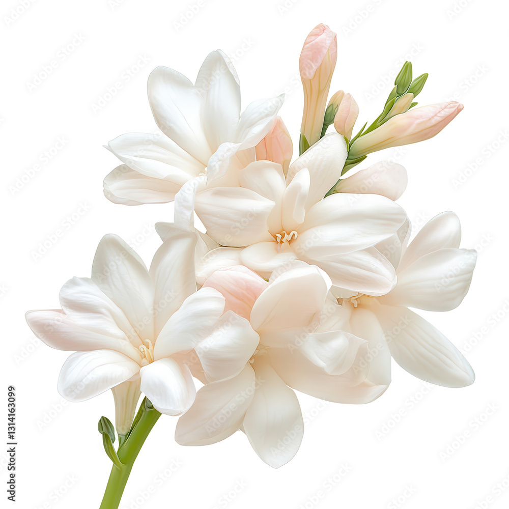 Fototapeta premium Blossoming Elegance: A pristine cluster of white hyacinth blossoms unfurls in delicate detail. The image captures their velvety texture, hints of soft pink.