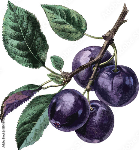 Dark plum vector, old botanical illustration, isolated on transparent background, vintage fruit drawing, hand-drawn plum, retro botanical art, ripe plum sketch
