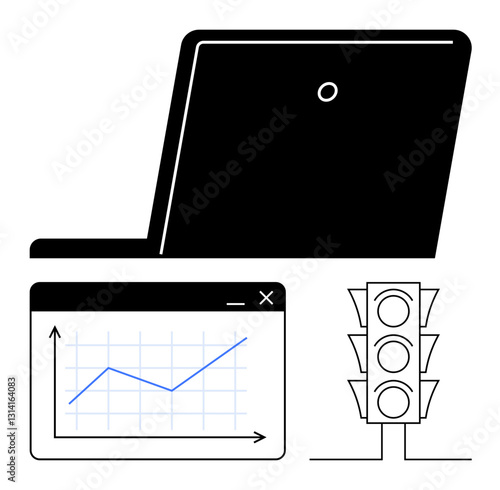 Laptop with open screen, line graph showing upward trend, and traffic light. Ideal for analytics, planning, performance, strategy, growth decision-making workflow. Flat simple metaphor