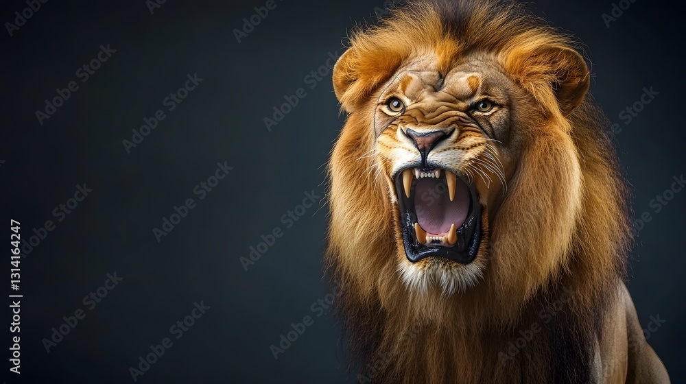 Fototapeta premium A roaring lion with a golden mane, its mouth open revealing sharp teeth, with intense eyes, isolated on a dark gradient background