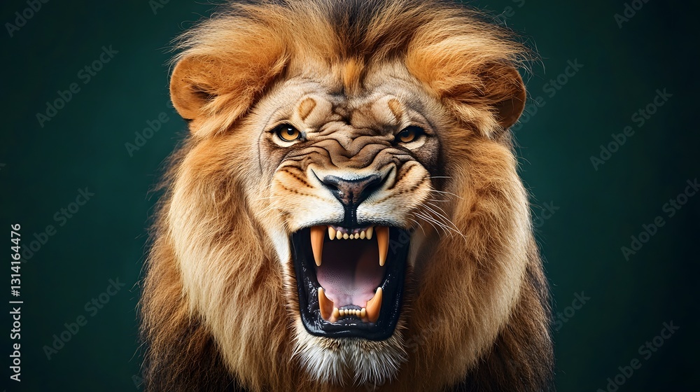 A roaring lion with a golden mane, its mouth open revealing sharp teeth, with intense eyes, isolated on a dark gradient background A roaring lion with a golden mane, its mouth open revealing sharp teeth, with intense eyes, isolated on a dark gradient background