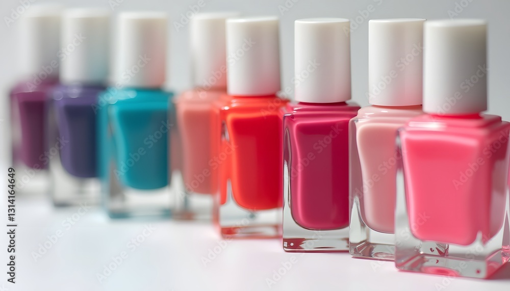A set of neatly arranged nail polish bottles in various colors, isolated. A set of neatly arranged nail polish bottles in various colors, isolated.