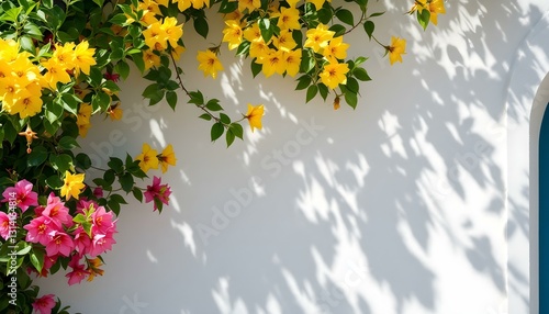 Vibrant yellow bougainvillea flowers, pink accents, bright sunlight, white wall background