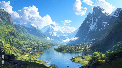 Picturesque fjord valley nestled between towering peaks. Lush greenery and quaint villages dot the landscape, showcasing a serene and majestic scene