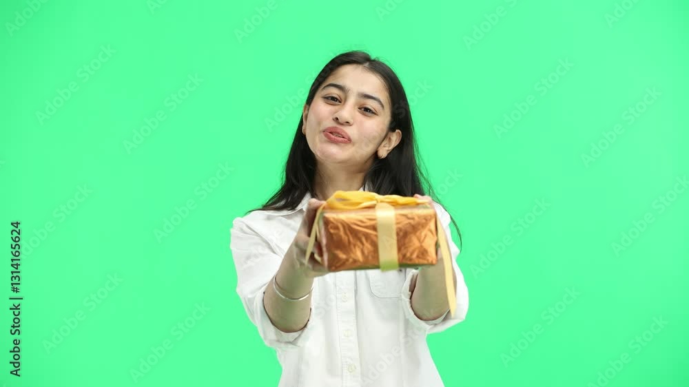 Woman, close-up, on a green background, with a gift Woman, close-up, on a green background, with a gift