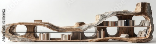 Organic-shaped bookshelf made of petrified wood and glass, a perfect fusion of modern and natural elements