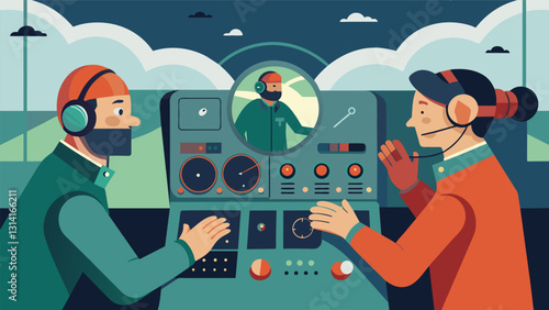 The air is buzzing with tension as the operators adjust dials and switches their movements precise and calculated as if performing a complicated. Vector illustration