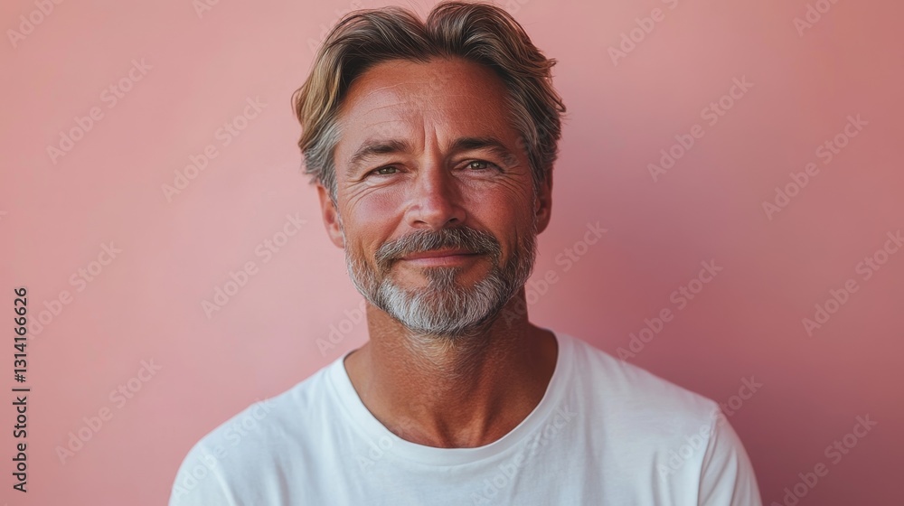 minimalistic portrait of adult European softly smiling man is 55 years old wearing white T-shirt on beige pink background minimalistic portrait of adult European softly smiling man is 55 years old wearing white T-shirt on beige pink background