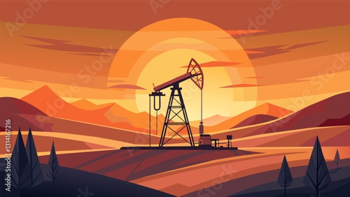 The peacefulness of a solitary oil derrick bathed in the warm hues of a setting sun symbolizing the quiet power of the energy industry.. Vector illustration